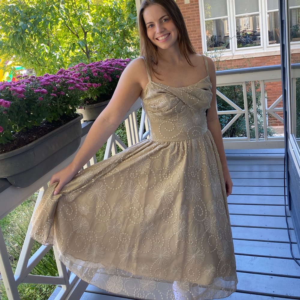 Designer Alicia Estrada Stop Staring, Brand New, size Large, Beige Floral Dress!